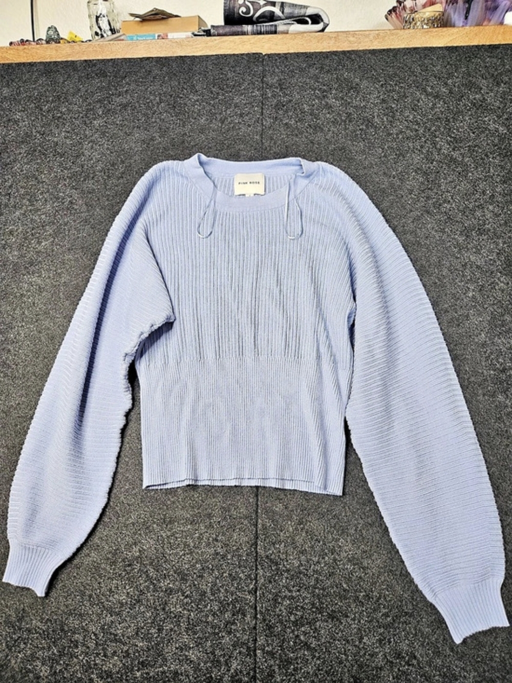 Pink Rose Ribbed Sweater in Blue Size Small